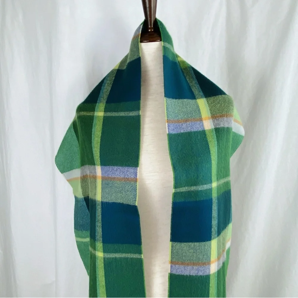 ALX New York Plaid Fringe Scarf Green Blue NWT